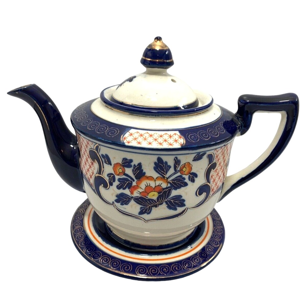 Vtg Moriyama Ceramic Teapot & Resting Plate‎ Cobalt Blue Red Gold Gilded Japan